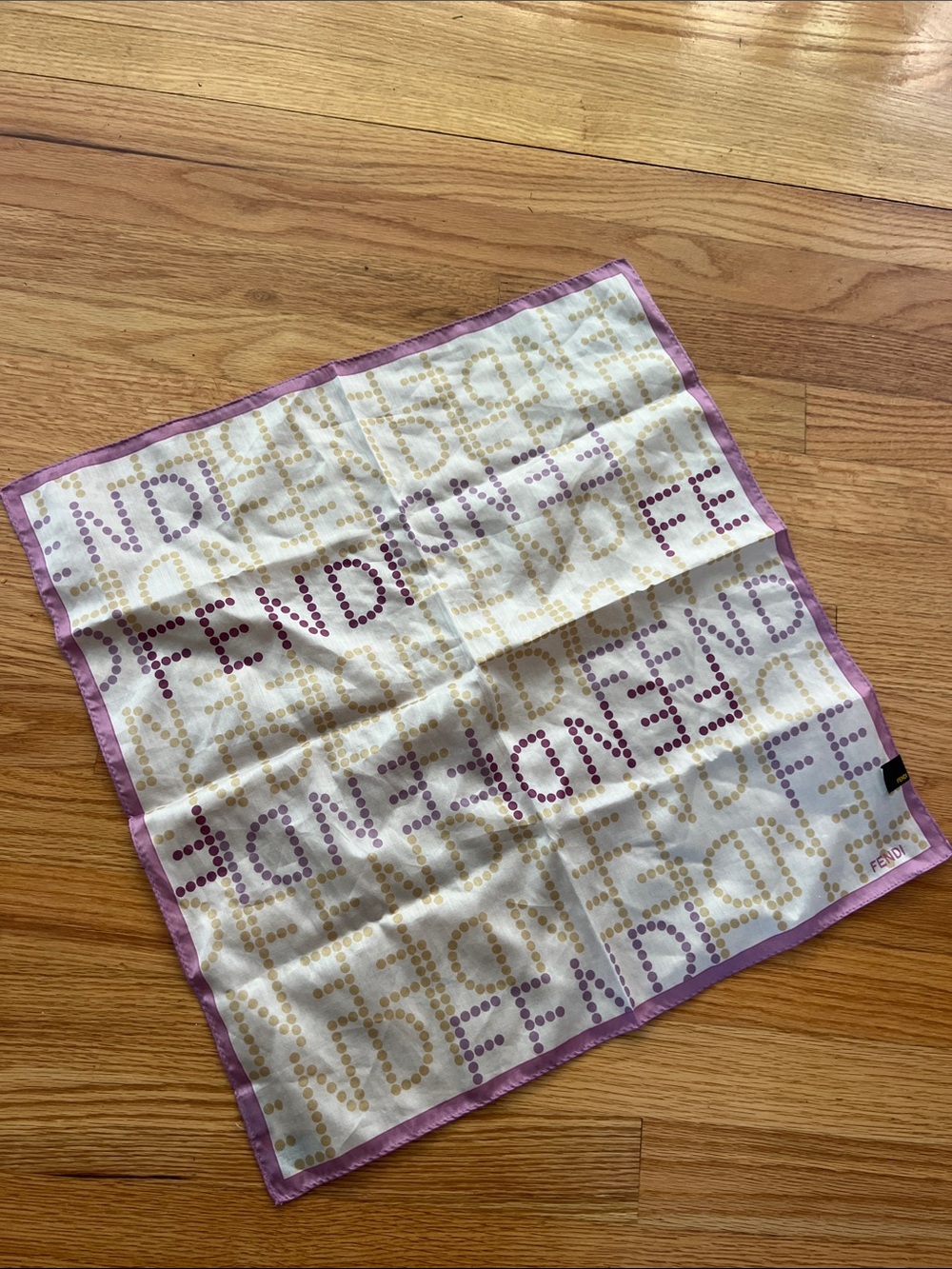 Fendi Cream Scarf with Purple & Gold Dot Logo
